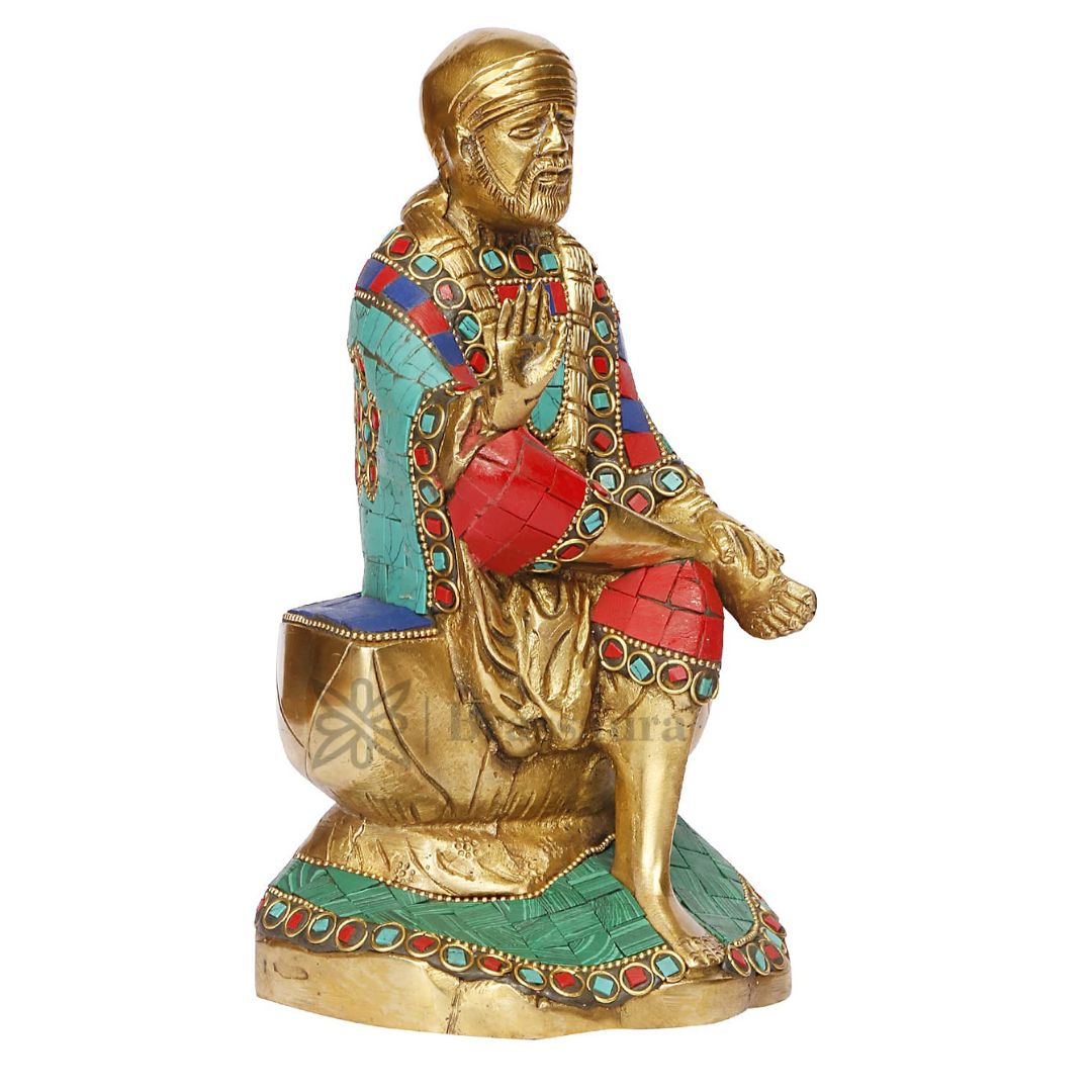 Brass Gem Stone Work Sai Baba Murti for Home and Decor Show Piece for Living Room Height 23 cm Weight 2.4 Kg