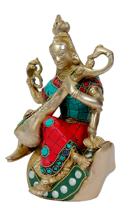 Brass Gem Stone Work Ma Saraswati Devi Murti for Home and Decor Height 24 cm Weight 1.8 Kg