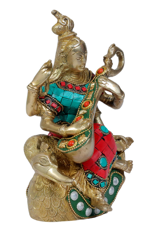 Brassaura™ Classic Brass Saraswati Murti with Gem Stone Work – Height 9.6 Inches & Weight 1.8 Kgs