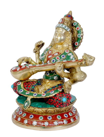 Brass Gem Stone Work Ma Saraswati Devi Murti for Home and Decor Height 27 cm Weight 4 Kg