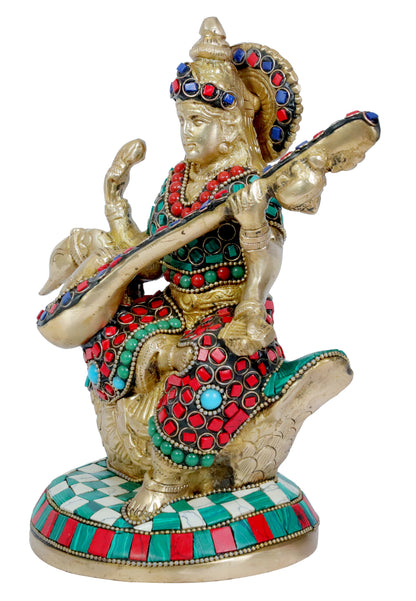 Brass Gem Stone Work Ma Saraswati Devi Murti for Home and Decor Height 23 cm Weight 2.15 Kg