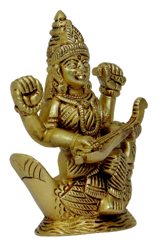 Brassaura™ Brass Saraswati Figurine – Height 5.6 Inches & Weight 0.48 Kgs | Artistic Goddess Statue