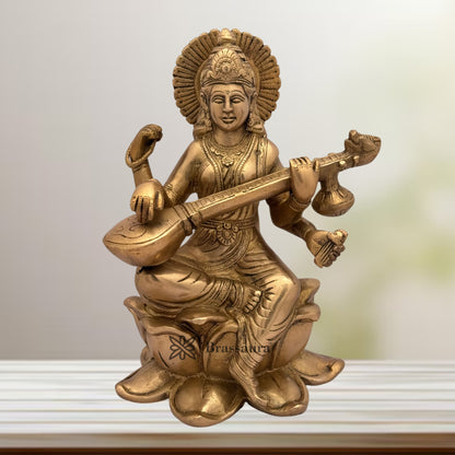 Brass Golden Saraswati Devi Murti for Home and Decor Height 13 cm Weight 3.6 Kg