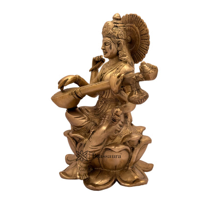 Brass Golden Saraswati Devi Murti for Home and Decor Height 13 cm Weight 3.6 Kg