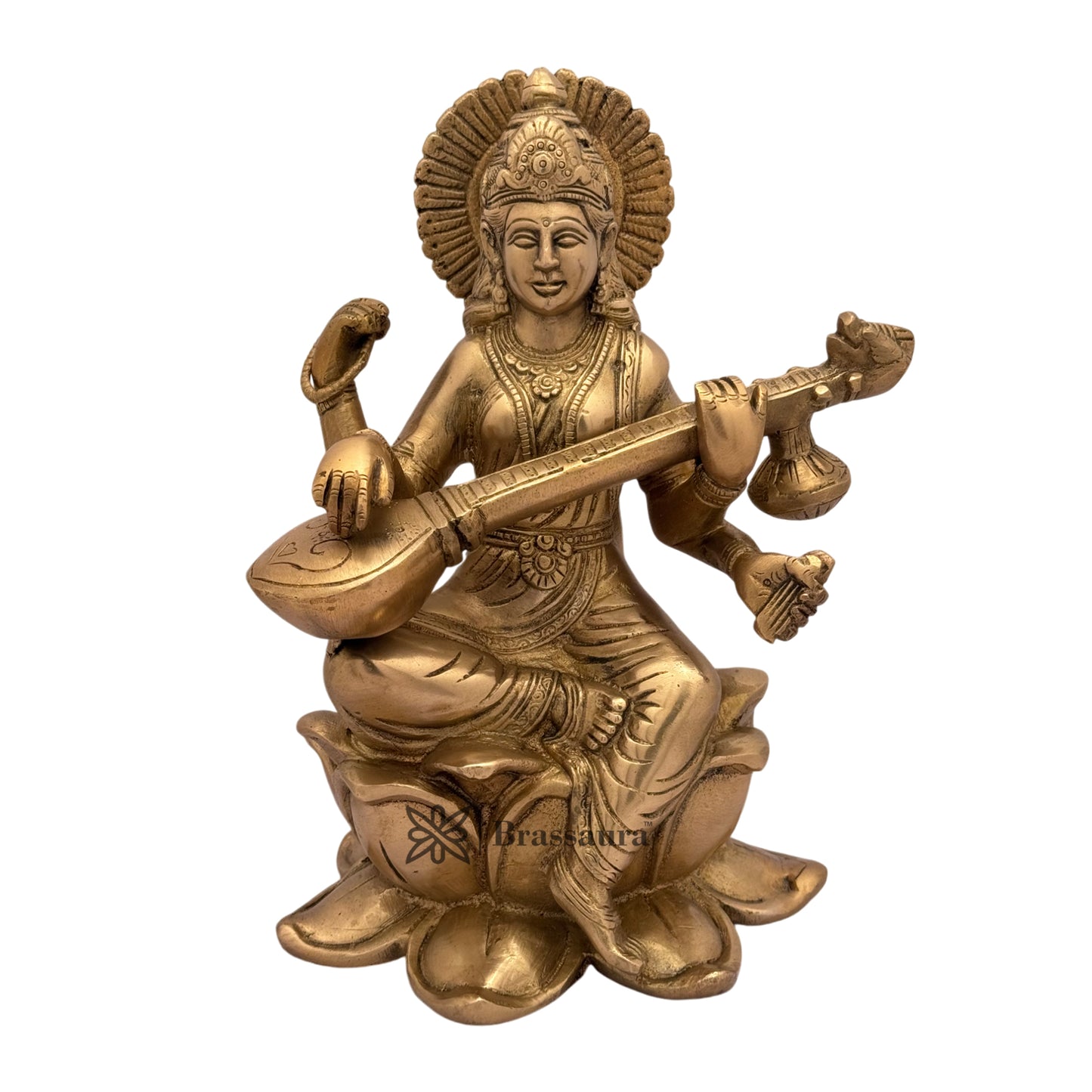 Brass Golden Saraswati Devi Murti for Home and Decor Height 13 cm Weight 3.6 Kg