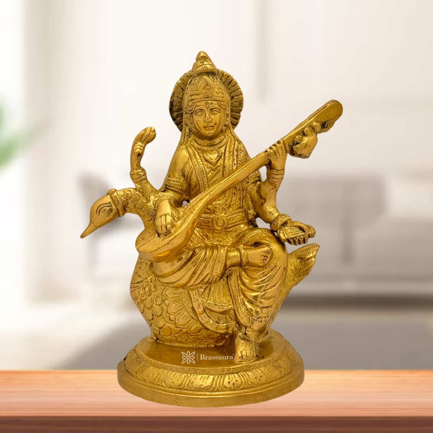 Brass Golden Ma Saraswati Devi Murti for Home and Decor Gift Height 23 cm Weight 2.15 Kg