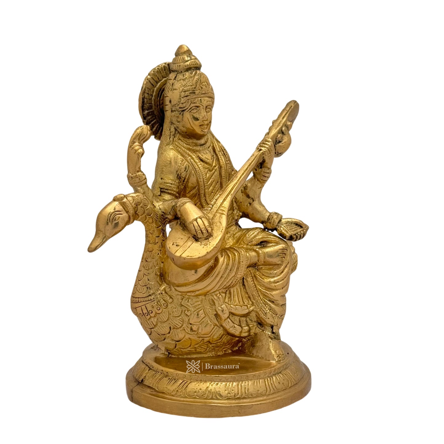 Brass Golden Ma Saraswati Devi Murti for Home and Decor Gift Height 23 cm Weight 2.15 Kg