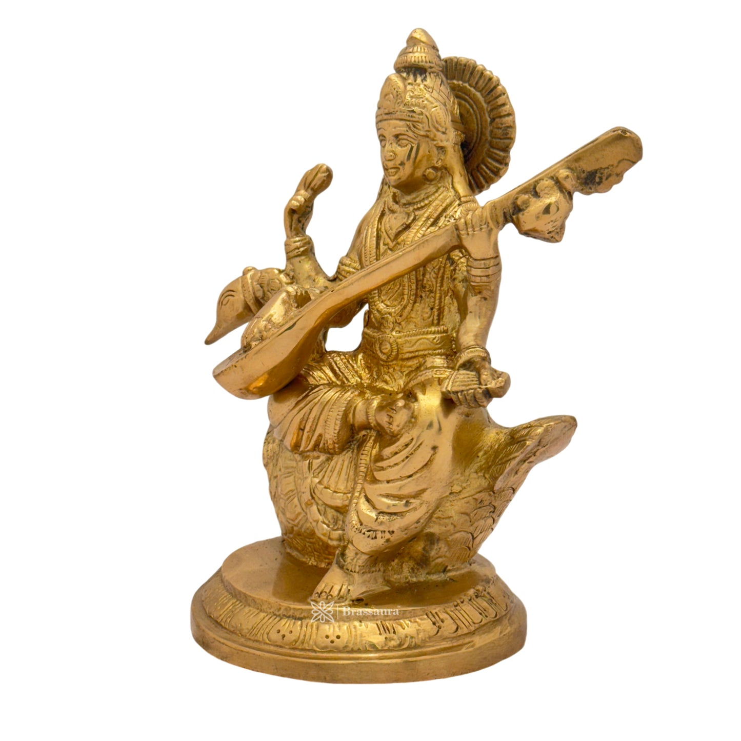 Brass Golden Ma Saraswati Devi Murti for Home and Decor Gift Height 23 cm Weight 2.15 Kg