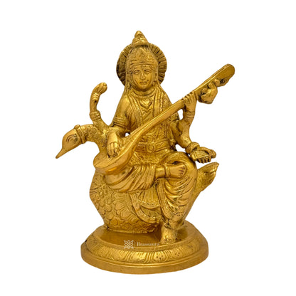 Brass Golden Ma Saraswati Devi Murti for Home and Decor Gift Height 23 cm Weight 2.15 Kg