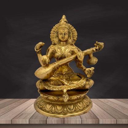 Brass Golden Ma Saraswati Devi Murti for Home and Decor Gift Height 27 cm Weight 4 Kg