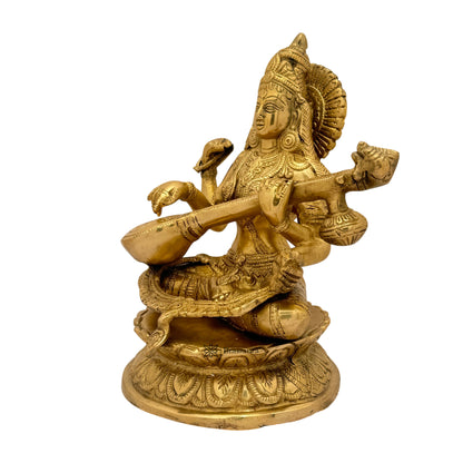 Brass Golden Ma Saraswati Devi Murti for Home and Decor Gift Height 27 cm Weight 4 Kg