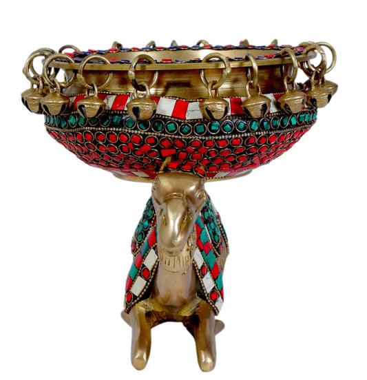 Brassaura® Brass Gem Stone Work Urli Statue with Antique Brass Finish with Decorative Gemstone Inlay | Pure Superfine Brass Handcrafted Murti | Brass Statue | Brass Statue for Home Temple, Pooja Room | Height 8.3 Inches | Weight 2.95 Kgs