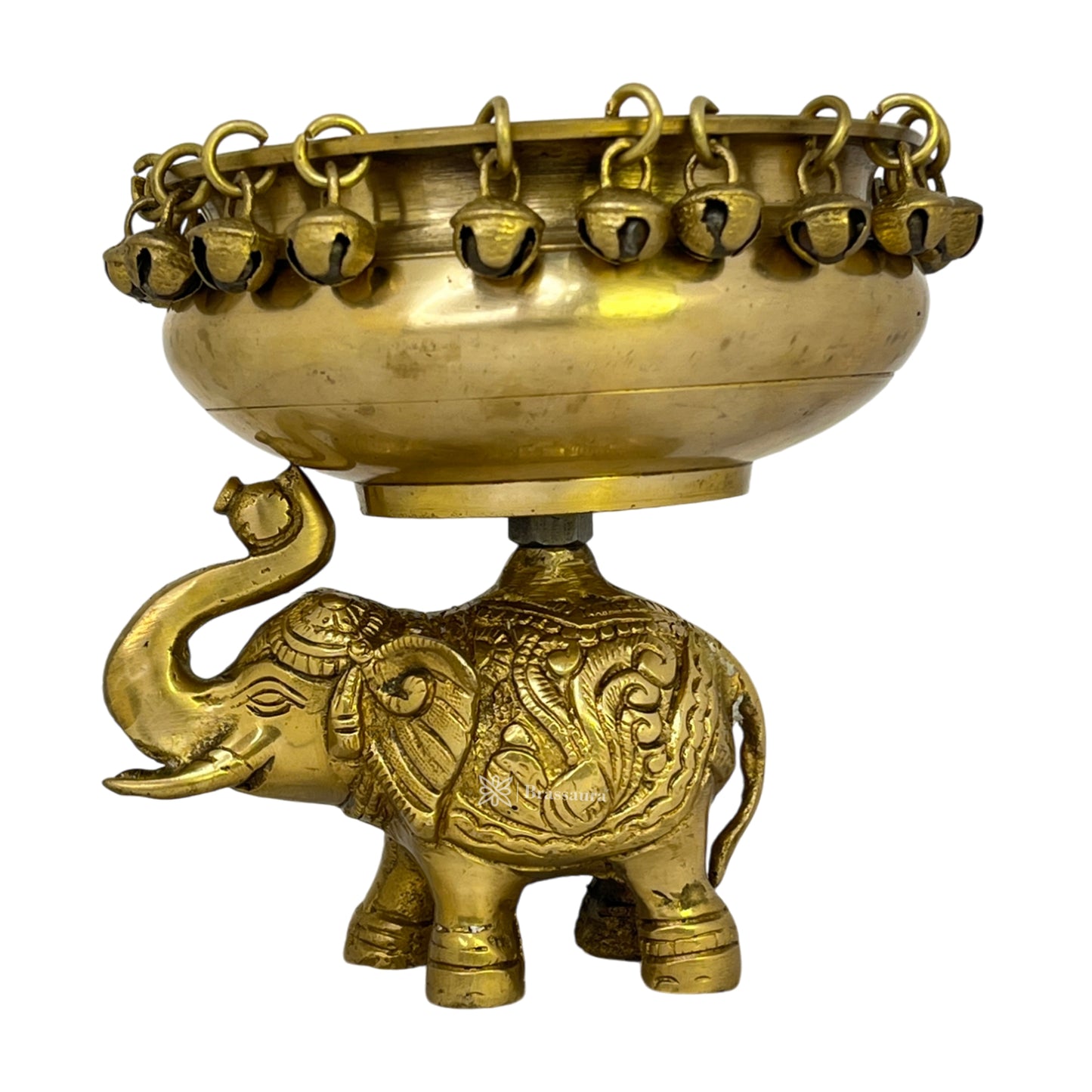 Brass Golden Urli with Elephant Statue for Home Decor Weight 2.05 Kg Height 16 cm