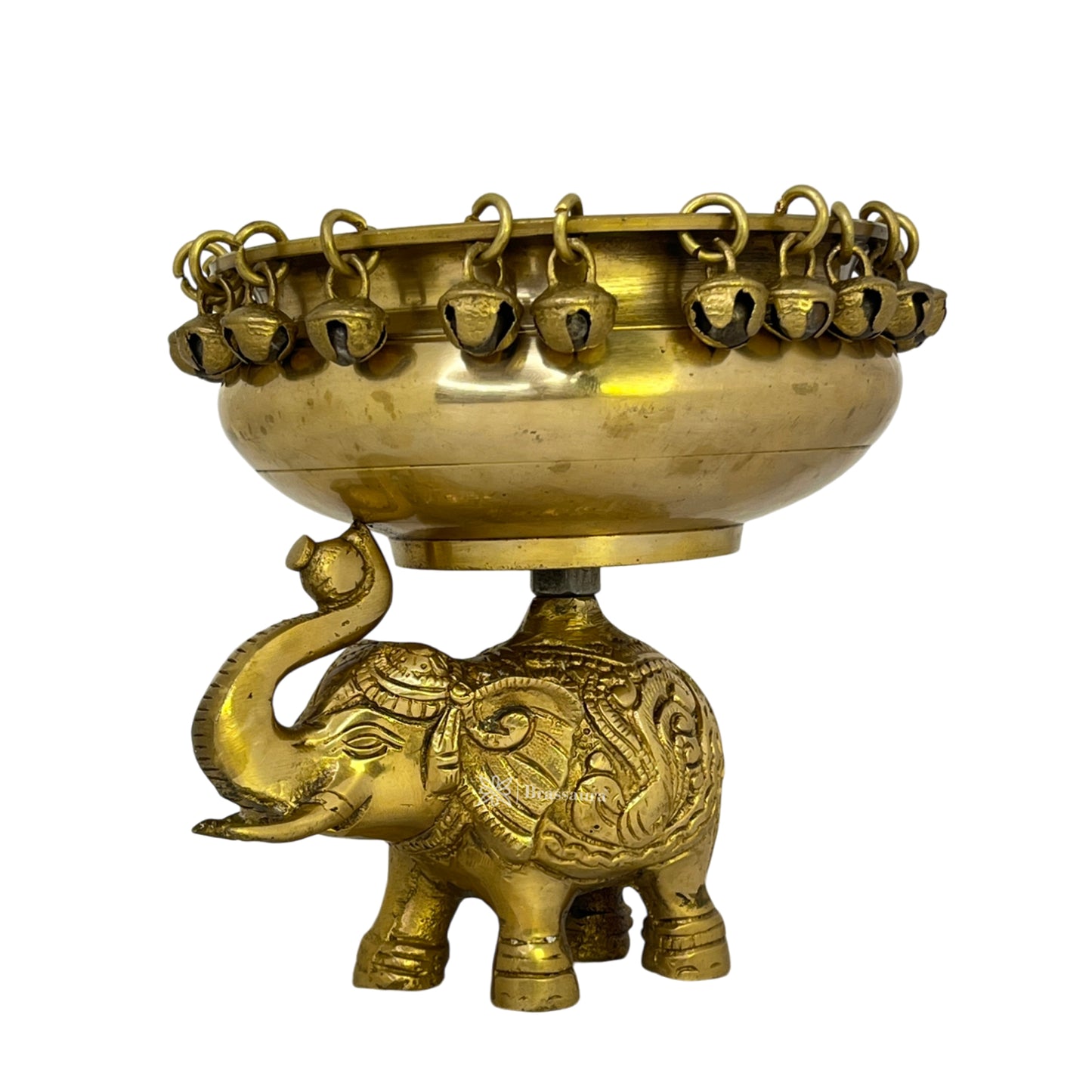 Brass Golden Urli with Elephant Statue for Home Decor Weight 2.05 Kg Height 16 cm