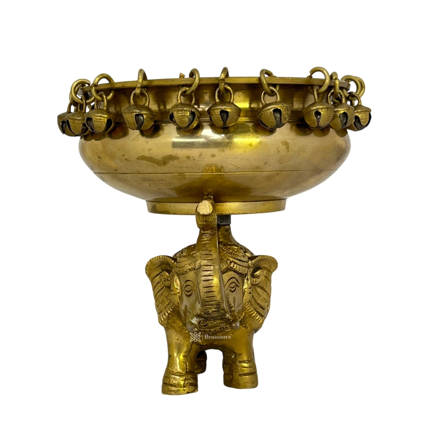 Brass Golden Urli with Elephant Statue for Home Decor Weight 2.05 Kg Height 16 cm