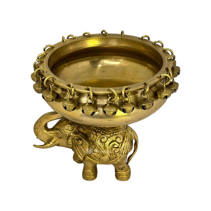 Brass Golden Urli with Elephant Statue for Home Decor Weight 2.05 Kg Height 16 cm