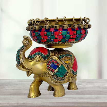 Brass Gem Stone Work Urli with Elephant Statue for Home and Decor Weight 3.4 Kg Height 19 Cm