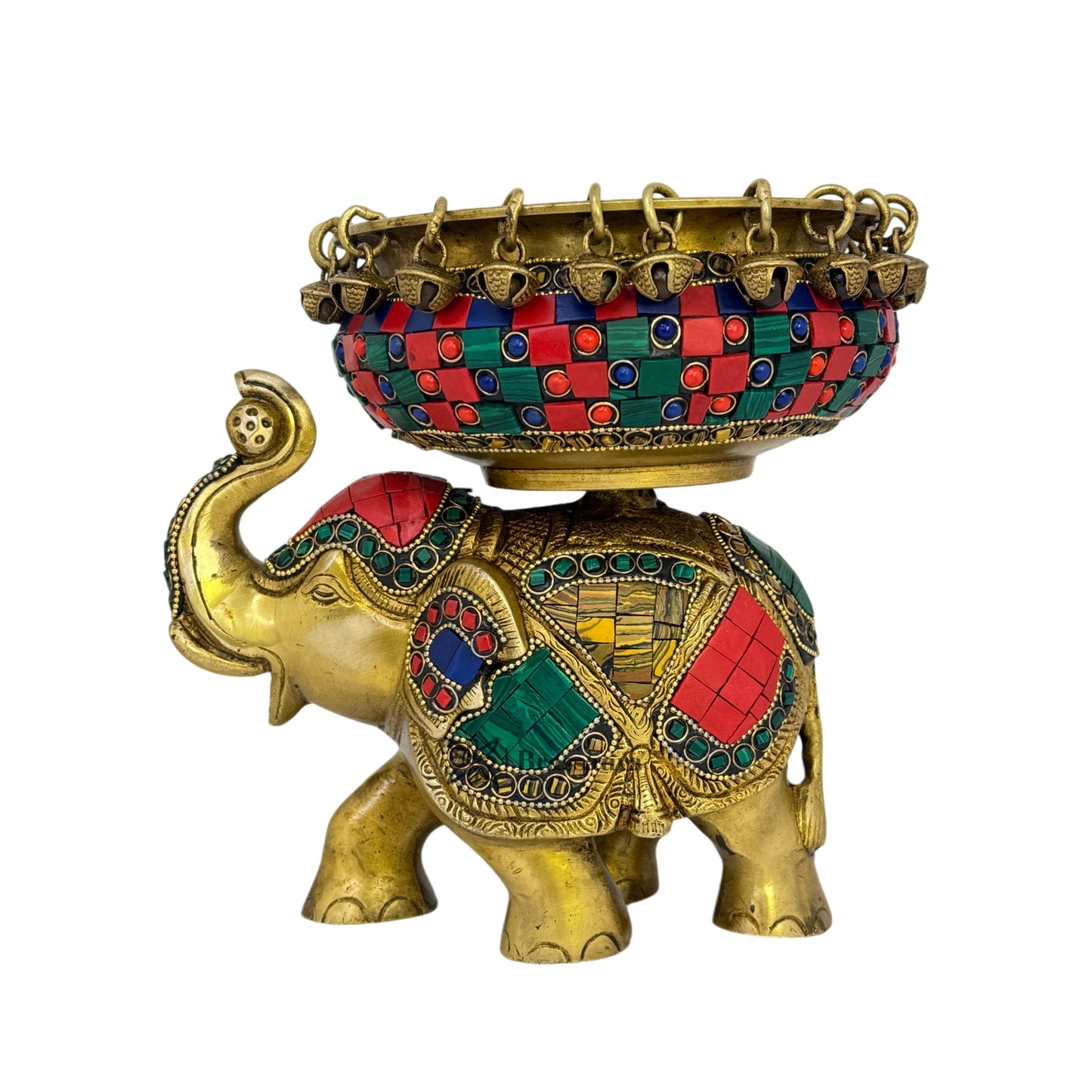 Brass Gem Stone Work Urli with Elephant Statue for Home and Decor Weight 3.4 Kg Height 19 Cm