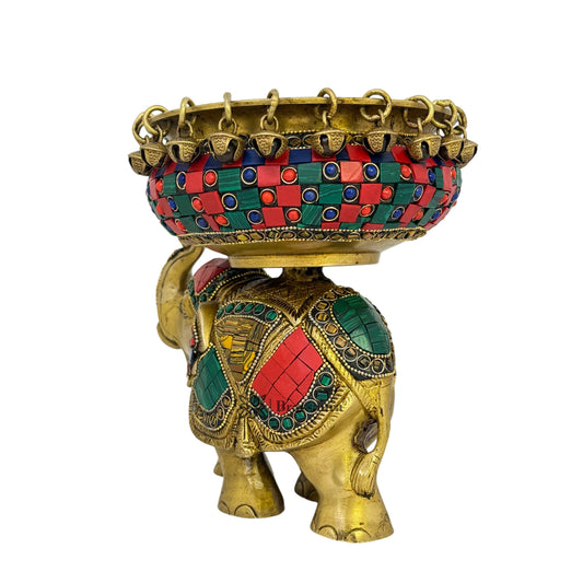 Brassaura® Brass Gemstone Work Urli with Elephant Statue | Handcrafted Decorative Centerpiece | Height 7.5 Inches & Weight 3.4 Kgs