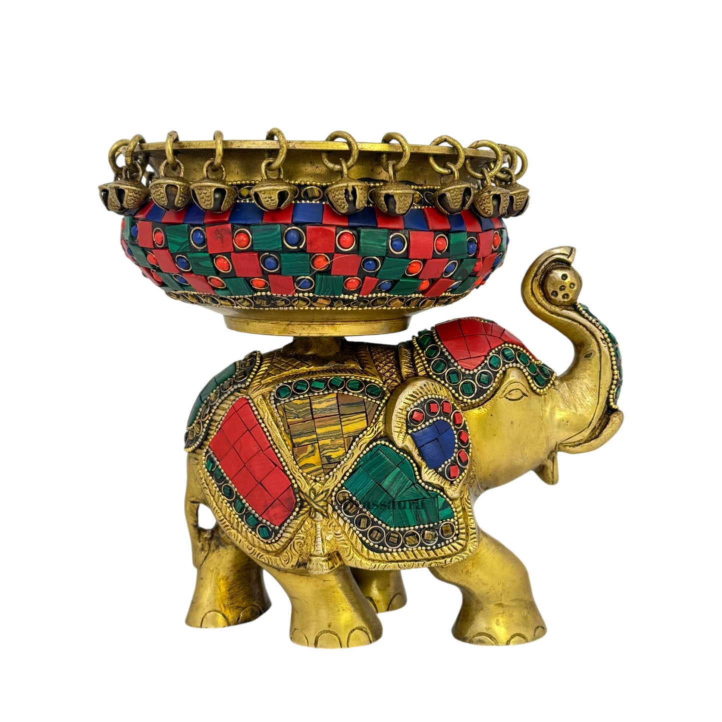 Brass Gem Stone Work Urli with Elephant Statue for Home and Decor Weight 3.4 Kg Height 19 Cm