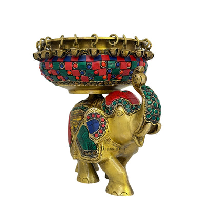 Brass Gem Stone Work Urli with Elephant Statue for Home and Decor Weight 3.4 Kg Height 19 Cm