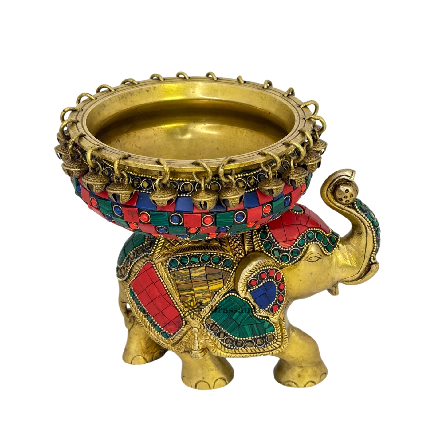 Brass Gem Stone Work Urli with Elephant Statue for Home and Decor Weight 3.4 Kg Height 19 Cm