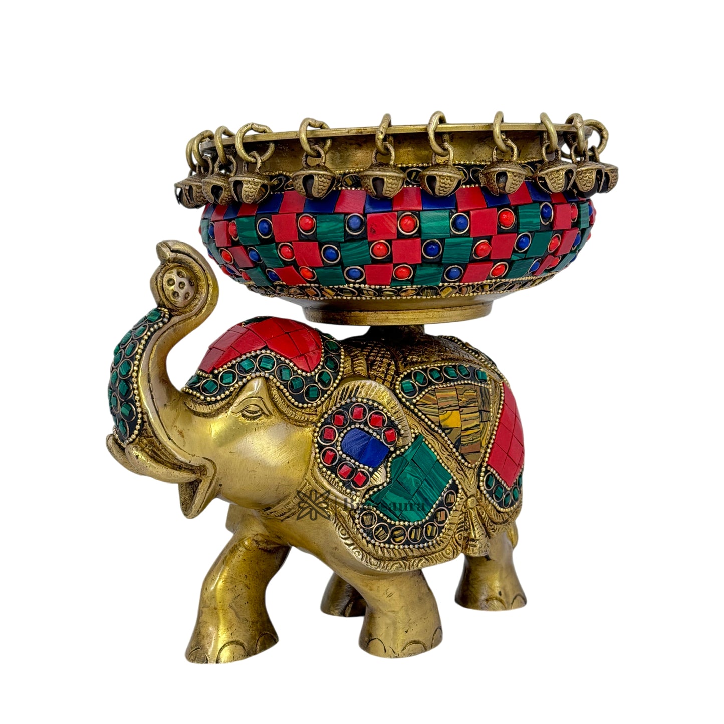 Brass Gem Stone Work Urli with Elephant Statue for Home and Decor Weight 3.4 Kg Height 19 Cm