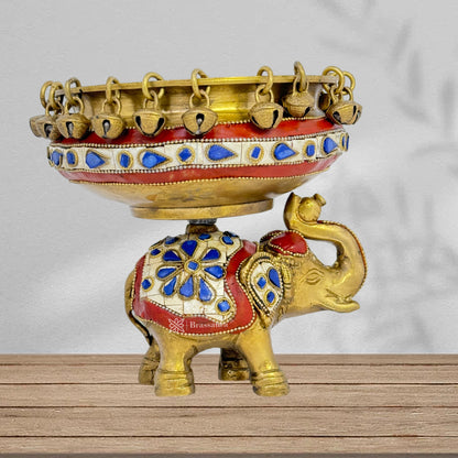 Brass Gem Stone Work Urli with Elephant Statue Weight 2.1 Kg Height 16 Cm