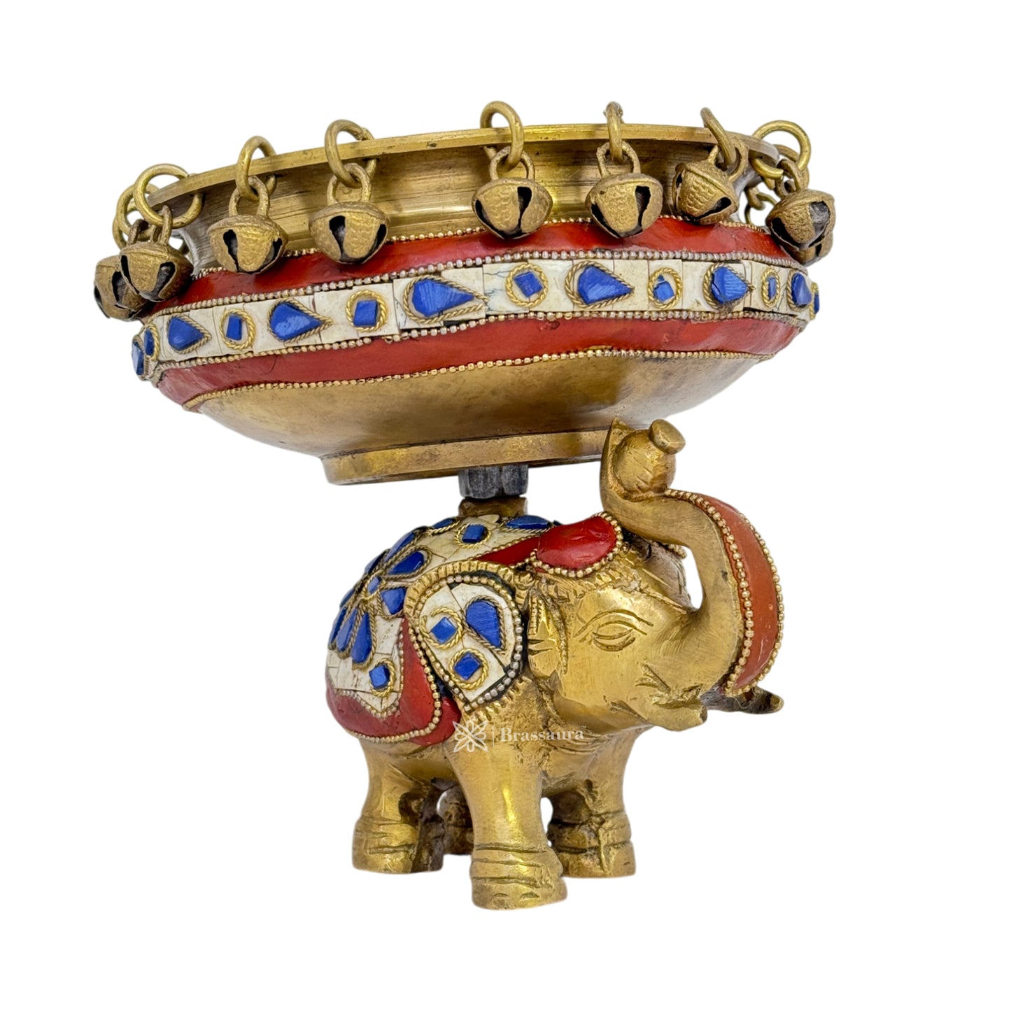 Brass Gem Stone Work Urli with Elephant Statue Weight 2.1 Kg Height 16 Cm