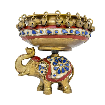 Brass Gem Stone Work Urli with Elephant Statue Weight 2.1 Kg Height 16 Cm