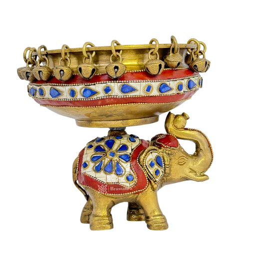 Brassaura® Brass Gemstone Work Urli with Elephant Statue | Handcrafted Decorative Centerpiece | Height 6.3 Inches & Weight 2.1 Kgs