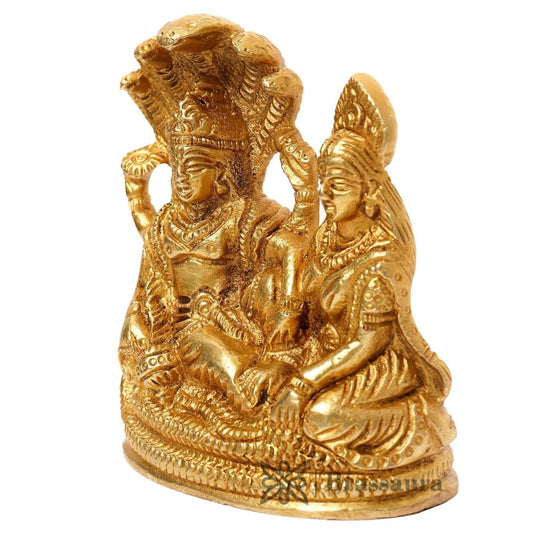 Brassaura® Vishnu Lakshmi Brass Idol | Handmade Divine Sculpture with Sheshnag Canopy | Height 4 Inches