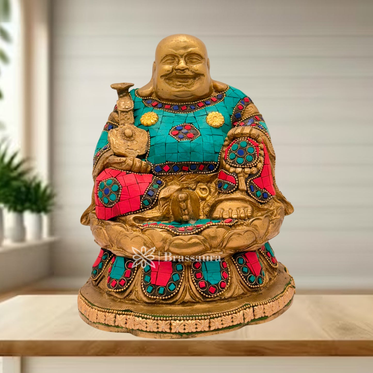 Brassaura™ Brass Gem Stone Work Sitting Laughing Buddha Religious and spritiuality for God Home Decor