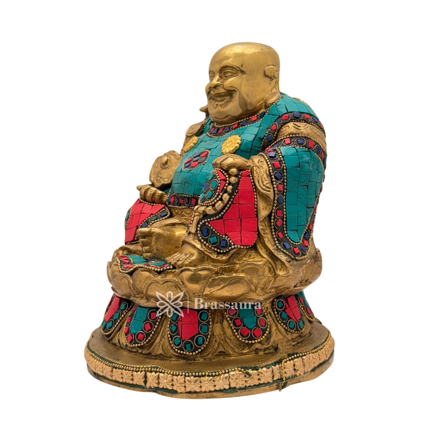 Brassaura™ Brass Gem Stone Work Sitting Laughing Buddha Religious and spritiuality for God Home Decor