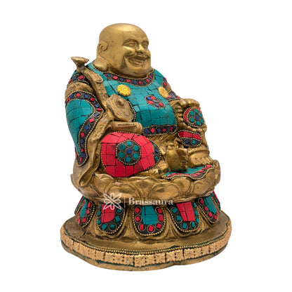 Brassaura™ Brass Gem Stone Work Sitting Laughing Buddha Religious and spritiuality for God Home Decor