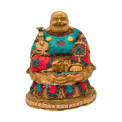 Brassaura™ Brass Gem Stone Work Sitting Laughing Buddha Religious and spritiuality for God Home Decor