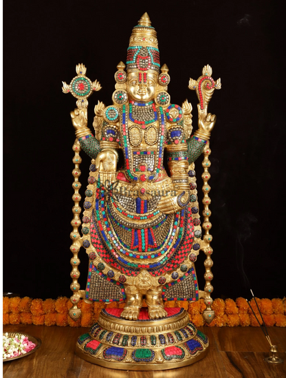 Brassaura™ Brass Lord Venkateshwara Idol with Stonework – 38 Inches, 37 Kgs