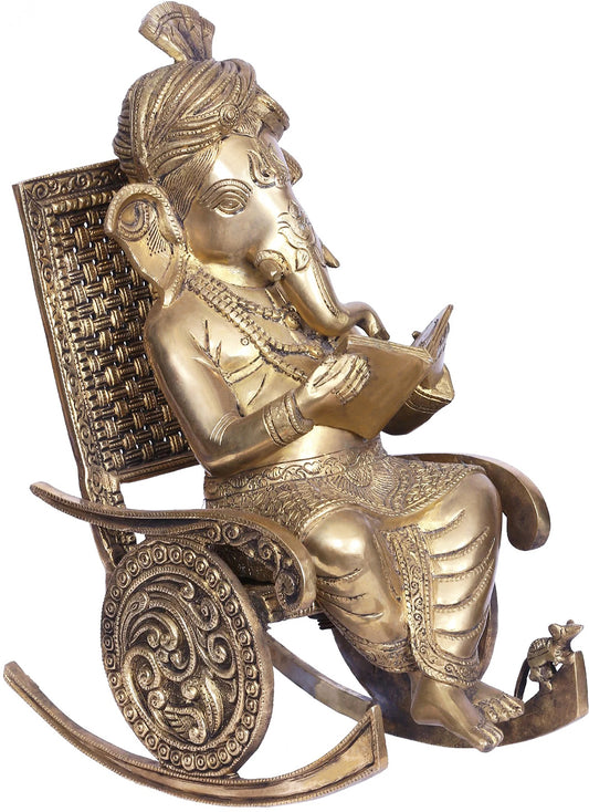 Brassaura™ Brass Chair Ganesha Statue | Height 15.5 Inches & Weight 12.5 Kgs