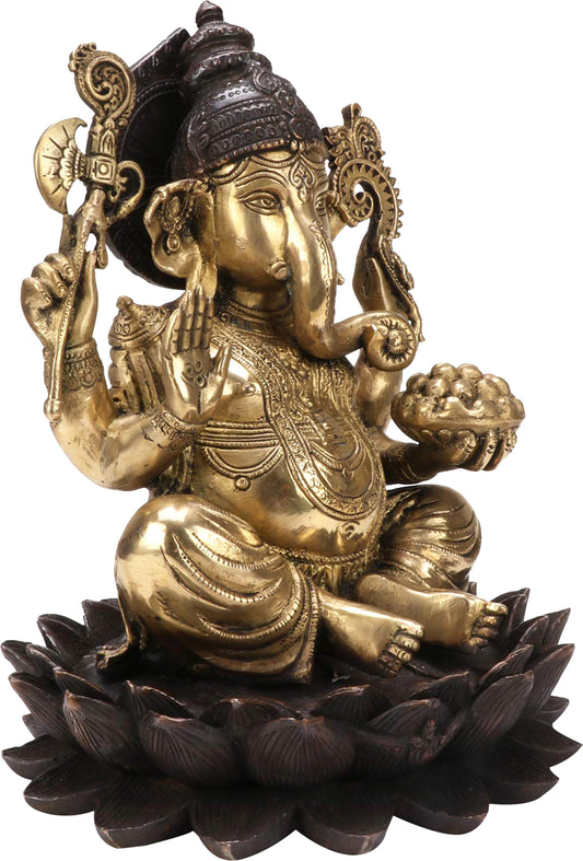 Brassaura™ Brass Lotus Ganesha Statue | Height 11.8 Inches & Weight 8 Kgs