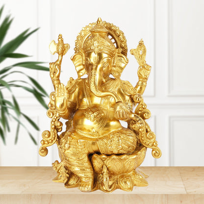 Brassaura™ Brass Ganesha Statue for Home and Decor Brass Lotus Ganesha Murti for Pooja Room Ganpati Idol for Home Entrace Decor Good Luck Vastu Decoration Weight 6.3 Kg Height 35 cm