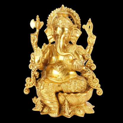 Brassaura™ Brass Ganesha Statue for Home and Decor Brass Lotus Ganesha Murti for Pooja Room Ganpati Idol for Home Entrace Decor Good Luck Vastu Decoration Weight 6.3 Kg Height 35 cm