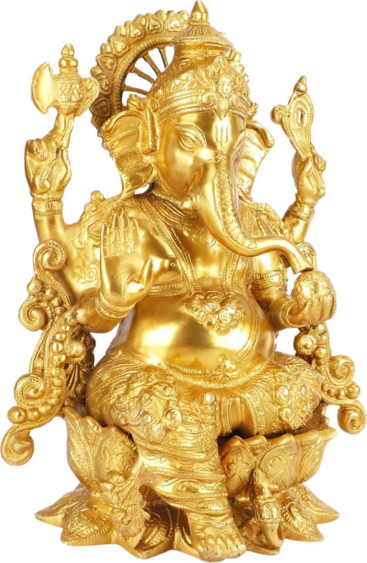 Brassaura™ Ornate Brass Lotus Ganesha for Home & Temple Décor | Height 13.8 Inches & Weight 6.3 Kgs
