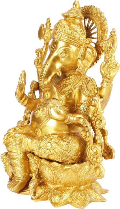 Brassaura™ Brass Ganesha Statue for Home and Decor Brass Lotus Ganesha Murti for Pooja Room Ganpati Idol for Home Entrace Decor Good Luck Vastu Decoration Weight 6.3 Kg Height 35 cm