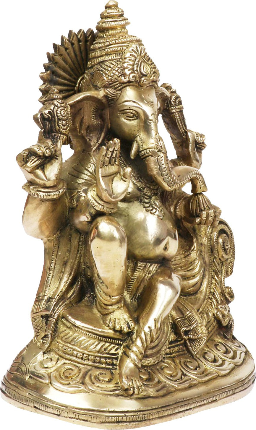 Brassaura™ Brass Chowki Ganesha Statue for Home and Decor Brass Ganesh Murti for Pooja Room Ganpati Idol for Home Entrace Decor Good Luck Vastu Decoration Weight 4.6 Kg Height 35 cm