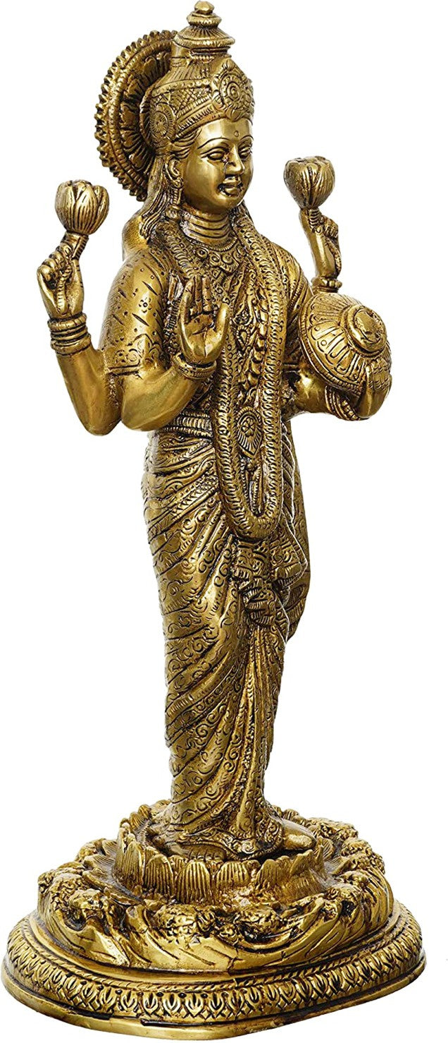 Goddess Maa Laxmi Idol Brass Statue Standing in Lotus Height 45 cm Weight 7 Kg