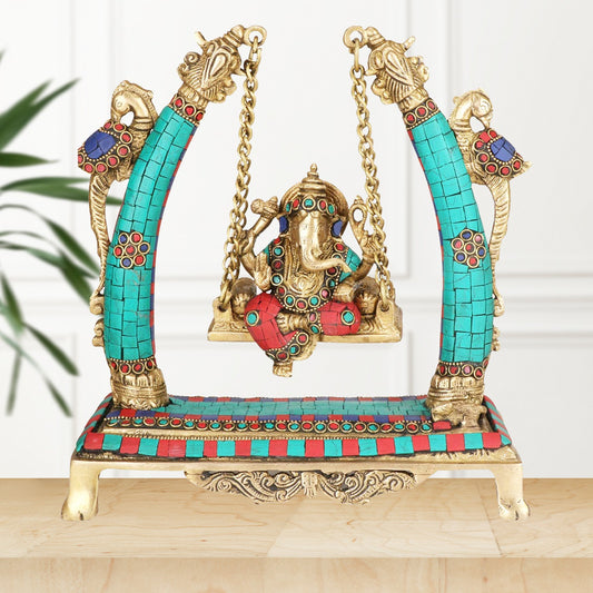Brass Gem Stone Work Ganesha Jhula Statue For Home Decor Weight 3 Kg And Height 30 Cm