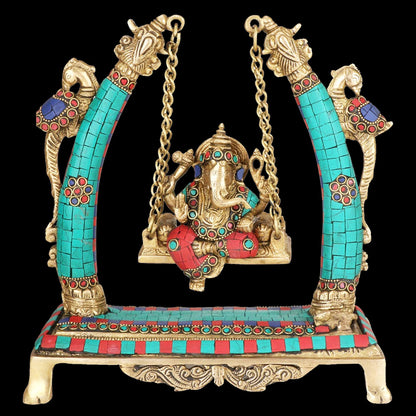 Brass Gem Stone Work Ganesha Jhula Statue For Home Decor Weight 3 Kg And Height 30 Cm