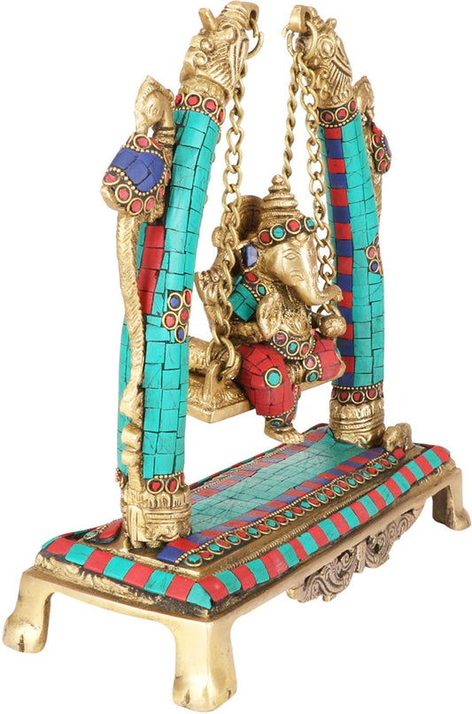 Brassaura Gemstone-Embellished Brass Ganesha Jhula for Home & Temple Décor | Height 11.8 Inches