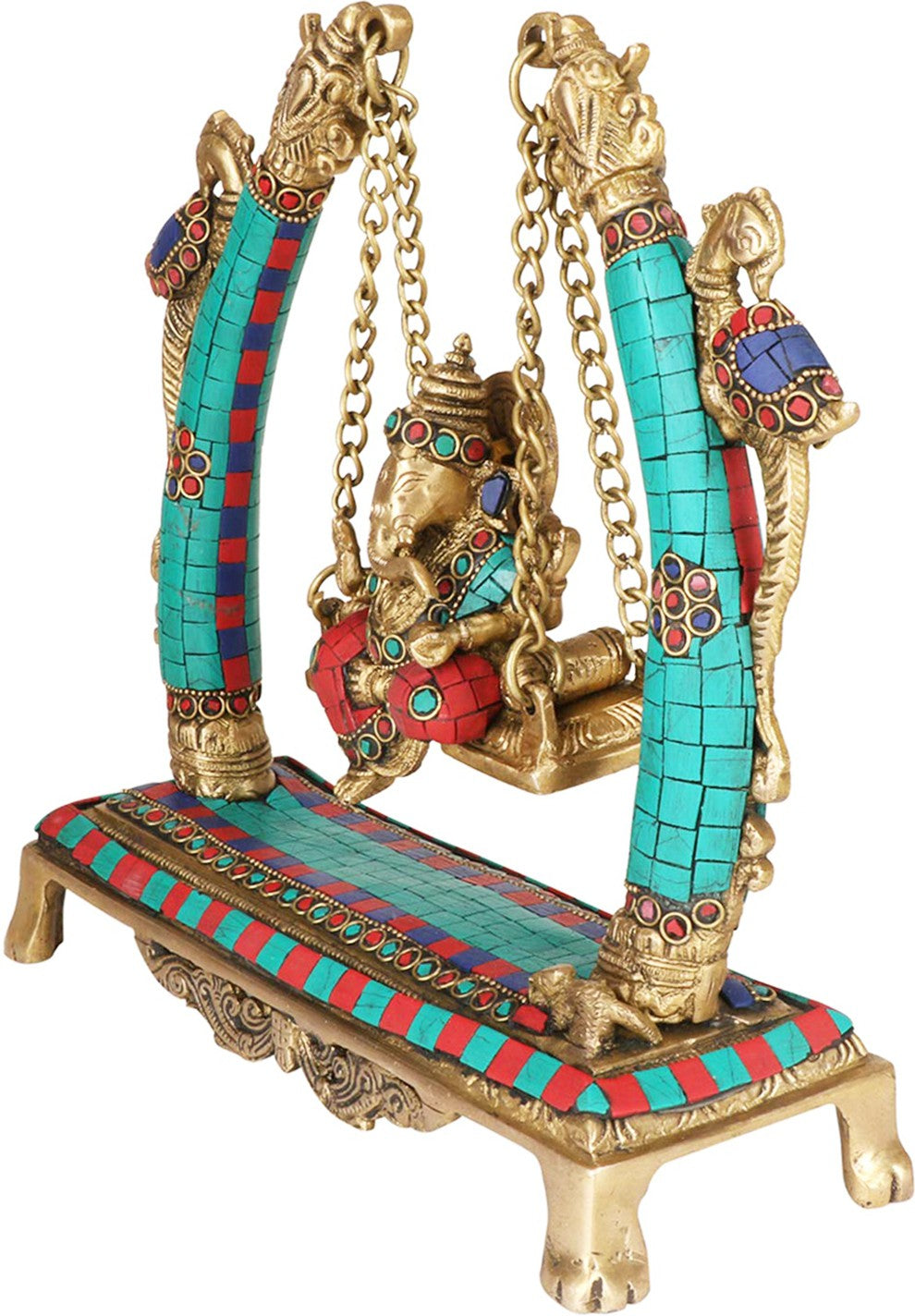 Brass Gem Stone Work Ganesha Jhula Statue For Home Decor Weight 3 Kg And Height 30 Cm