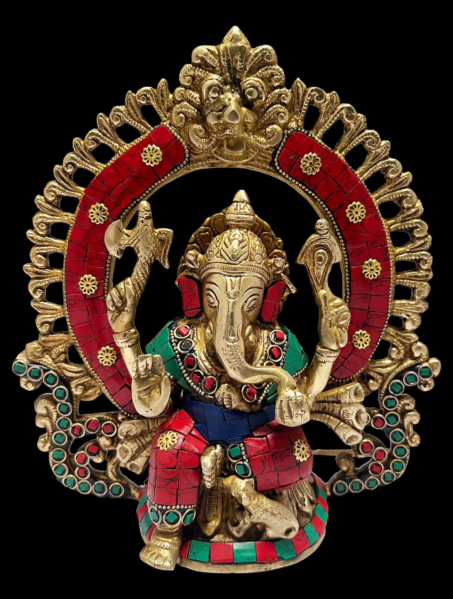 Brass Gem Stone Work Ring Ganesha Statue For Home Decor Weight 2.6 Kg And Height 27 Cm